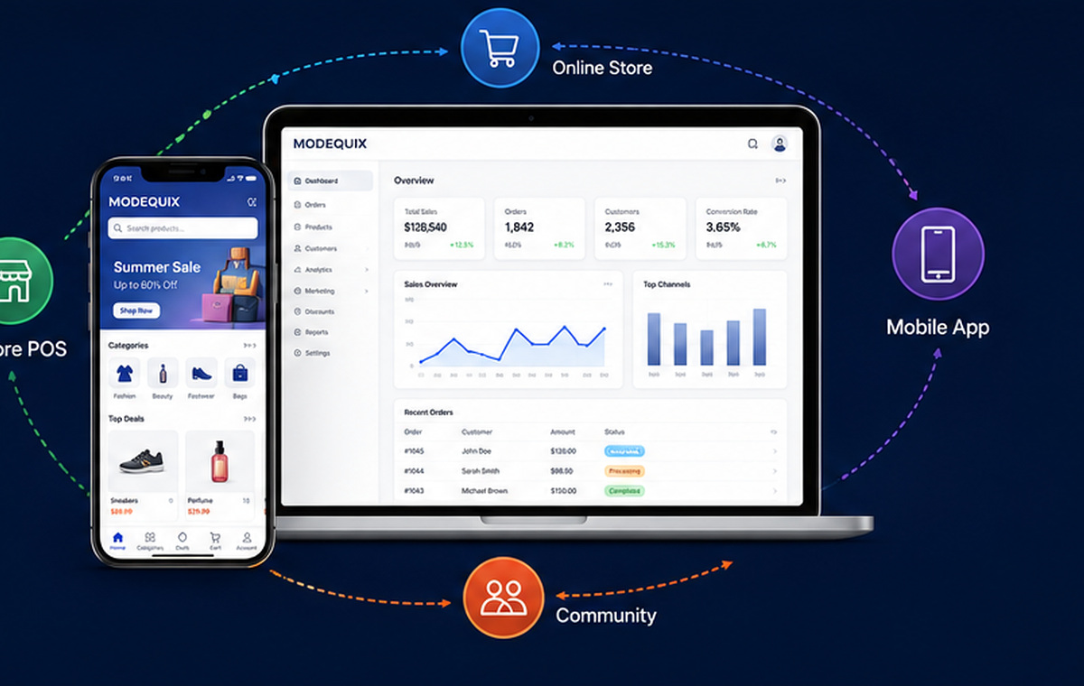 Modequix omnichannel dashboard connecting online, mobile and in-person commerce