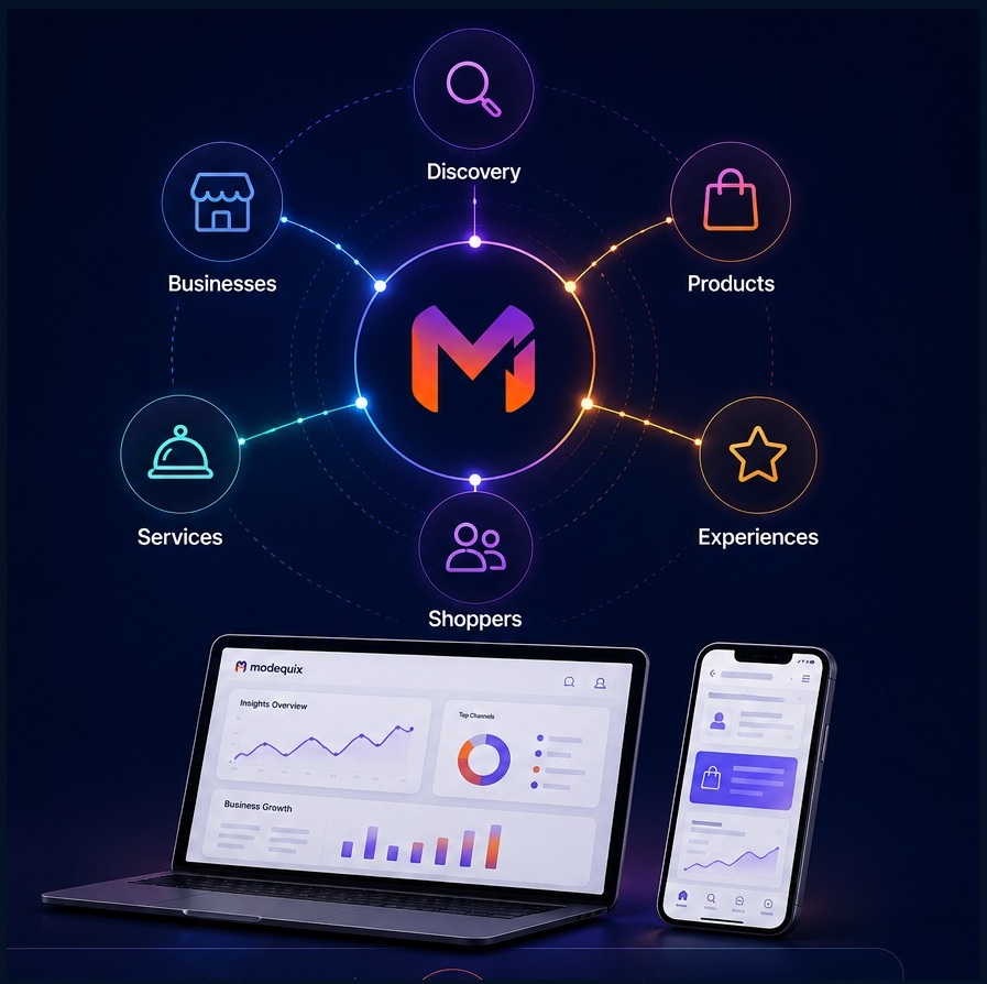 Abstract Modequix ecosystem connecting businesses, products, services, experiences, shoppers and discovery